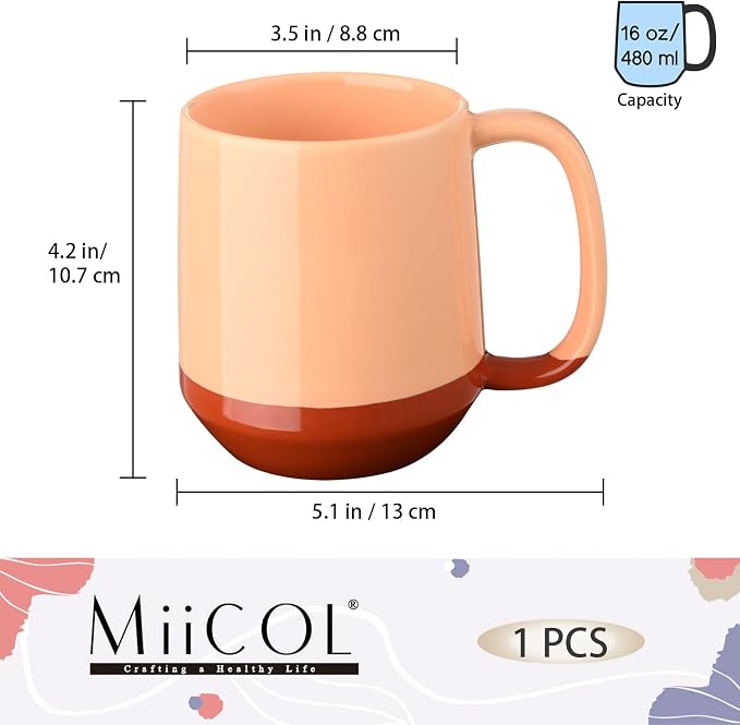 Miicol Ceramic Coffee Mug, 16 oz Large Coffee Cup, Tea Mug with Handle, Flat Bottom Mug for Men, Women, Office, Microwave and Dishwasher Safe, Multi-Color, Caramel Peach - Image 3