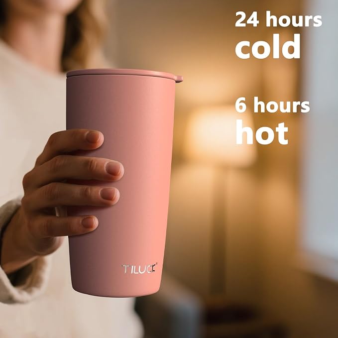 TILUCK 20 oz Insulated Coffee Tumbler with BPA-Free Lid | Travel Coffee Mug, Dishwasher Safe, Cup Holder Friendly, Double-Wall Vacuum Insulation for Hot & Cold Drinks, MatteCoralRed - Image 3