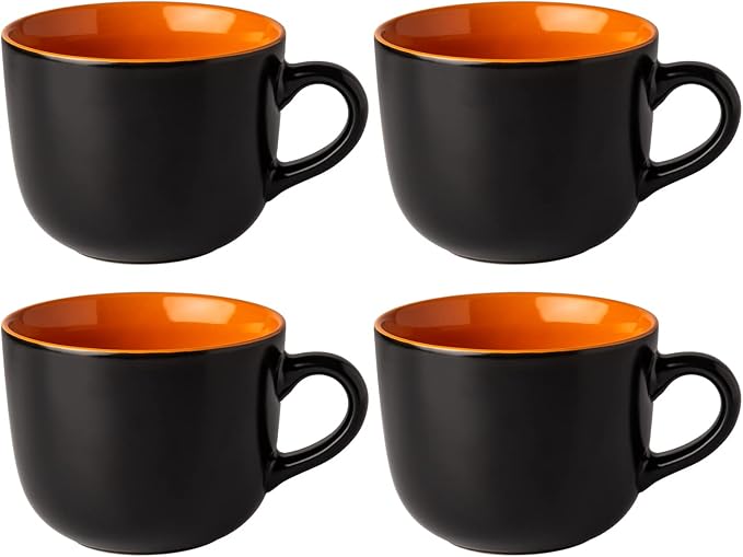 GBhome Jumbo Soup Mugs with Handles, 24 Oz Large Coffee Mugs Set of 4 | Ceramic Soup bowls for Soup Cereal Snacks Salad Noodles Cups, Microwave safe - Matte Black, Orange Inside by GBhome