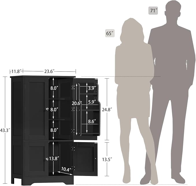 TEENFON Storage Cabinet with 4 Doors, Kitchen Cabinet with 6 Door Shelves | Kitchen Pantry Cabinet with Adjustable Shelves, for Living Room, Dining Room, Bathroom, Black - Image 3