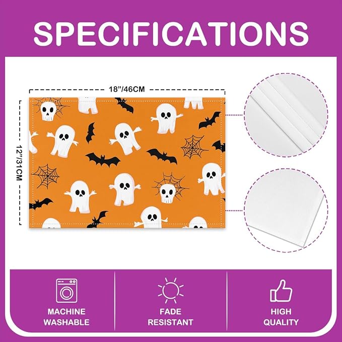 Feelyou Happy Halloween Placemats Set of 4 Cute Ghost Table Mats for Party Kitchen Dining Decoration White and Orange Place Mat for Table Holiday Decor Indoor Outdoor 18"x12" Washable Bats Cobweb - Image 4