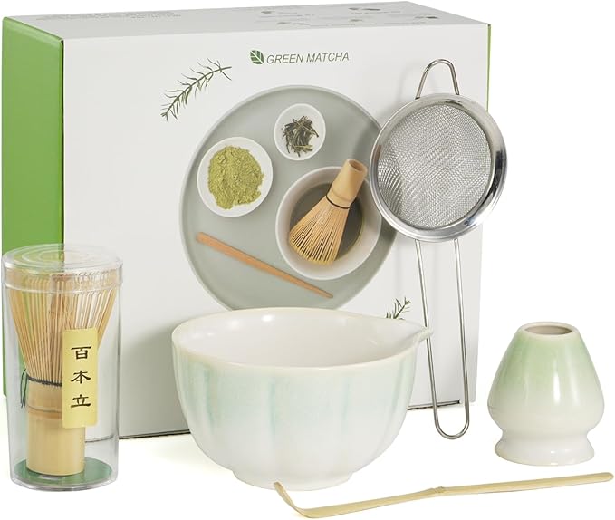 Matcha Whisk Set, 5 Pcs Matcha Kit with Ceramic Bowl (Chawan) with Spout, Bamboo Whisk, Scoop, Sifter, Holder & Tea Cloth – Japanese Matcha Tea Set for Ceremony, Latte & Gifting