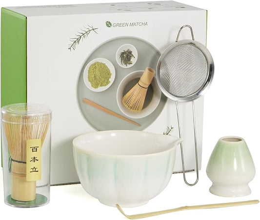 Matcha Whisk Set, 5 Pcs Matcha Kit with Ceramic Bowl (Chawan) with Spout, Bamboo Whisk, Scoop, Sifter, Holder & Tea Cloth – Japanese Matcha Tea Set for Ceremony, Latte & Gifting