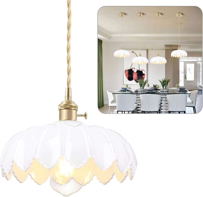 Mid Century Modern Pendant Light Nordic White Chandelier with Hand Blown Flower Glass Shade Brass Adjustable Height Dining Table Pendant Lamp with Switch for Kitchen Island Dining Room Hotel by Ourifu