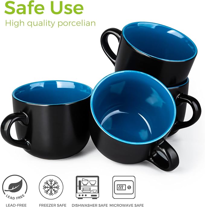 GBhome Jumbo Soup Mugs with Handles, 24 Oz Large Coffee Mugs Set of 4 | Ceramic Soup bowls for Soup Cereal Snacks Salad Noodles Cups, Microwave safe - Matte Black, Blue Inside - Image 5