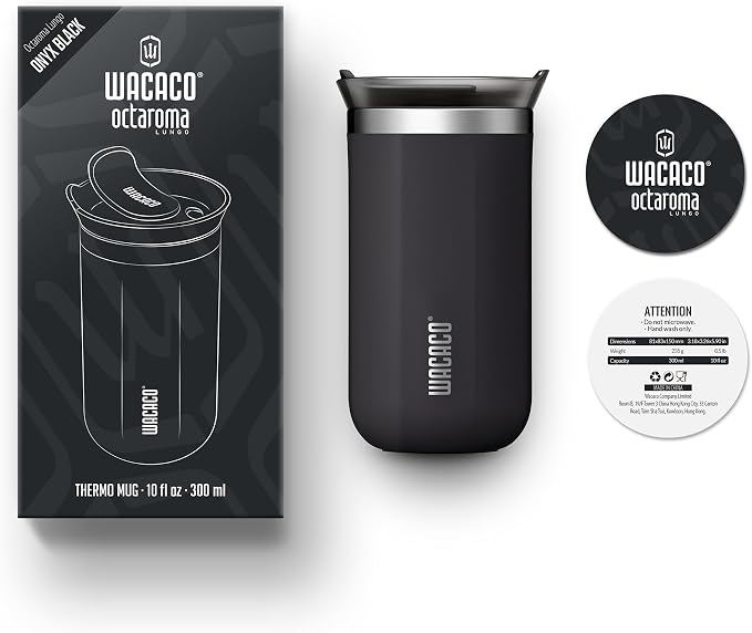 WACACO Octaroma Lungo Vacuum Insulated Coffee Mug, Double-wall Stainless Steel Travel Tumbler With Drinking Lid, 10 fl oz(300ml), Ceramic Black - Image 7