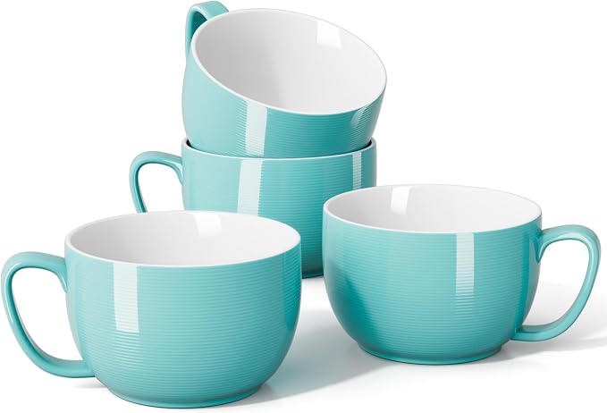 Teocera 24 oz Soup Bowls with Handles, Porcelain Large Coffee Mug Set, Jumbo Mugs, Soup Bowls Mugs set of 4 for Coffee, Oatmeal, Stew - Striped Design, Turquoise by Teocera
