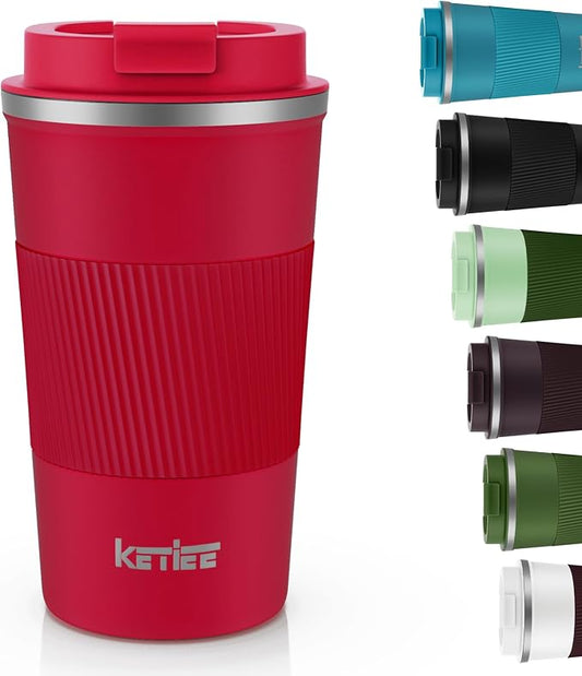 KETIEE Travel Coffee Mug Spill Proof 12oz, Insulated Travel Mug to Go, Reusable Coffee Cup with Seal Lid, Vacuum Stainless Steel Tumbler for Hot/Cold Drinks (Red) by KETIEE