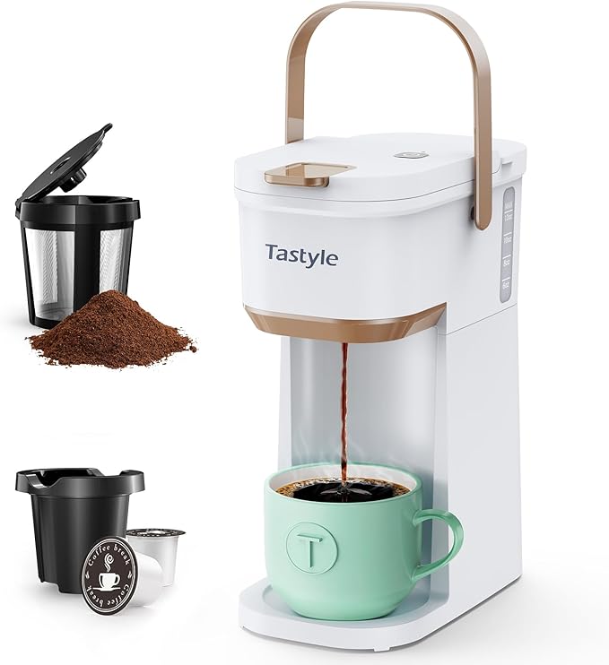 Tastyle Mini Single Serve Coffee Maker for K Cups and Grounds with Handle | for Travel, Camping, Office, RV and Dorm, Portable Handle,120V, 6 to 12 Oz Brew Size, BPA Free, K302, White and Brown by Tastyle