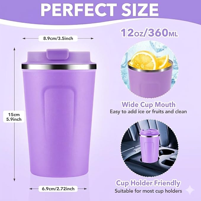 Volhoply 12 oz Double Wall Insulated Vacuum Travel Coffee Mug with Flip Lid Bulk 8 Pack,Reusable Stainless Steel Leak Proof Coffee Cup,Portable Cafe Thermal Tumblers for Hot&Cold Drinks(Purple,8 Set) - Image 2