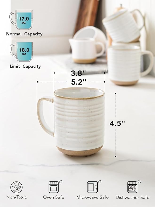 LE TAUCI Coffee Mugs 18 oz,Ceramic Mug Set, Coffee Cups for Latte, Hot Tea, Cappuccino, Mocha, Cocoa, Dishwasher Safe, Suit For Housewarming Wedding- 3.8 inch, Set of 4, Arctic White - Image 4