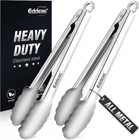 2PCS 9Inch Tongs for Cooking Heavy Duty All Metal Kitchen Tongs | Heat Resistant 600 Degree, All Stainless Steel Food Tongs,Non-Slip handle, Salad, Grilling, bbq, Dishwasher safe by Eddeas