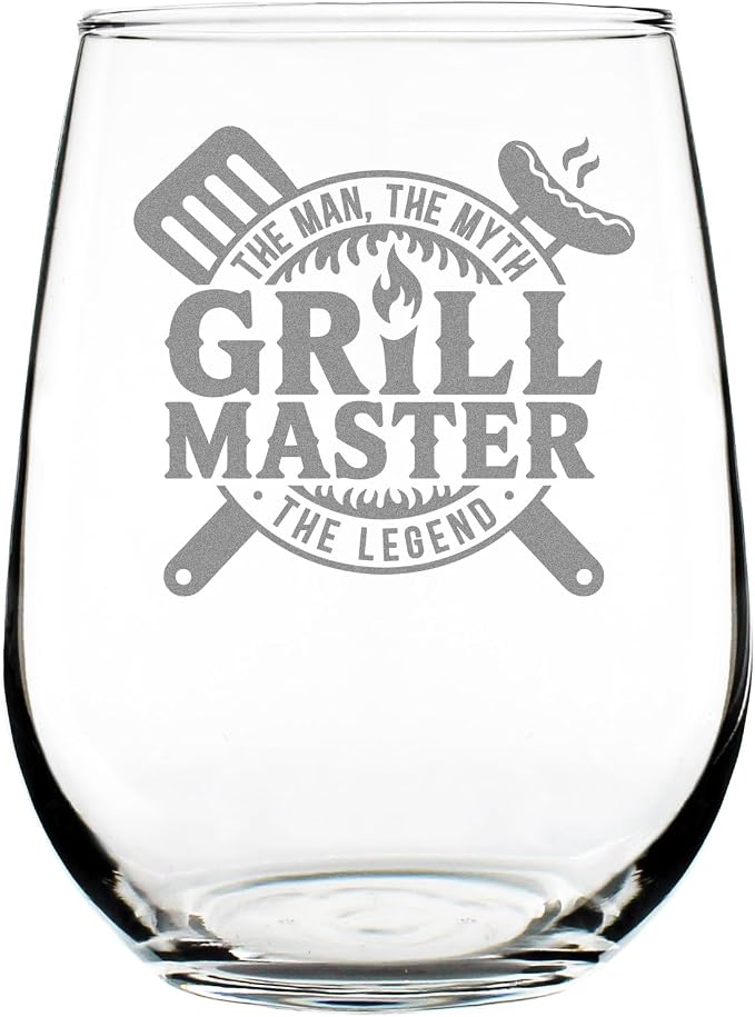 Grill Master Stemless Wine Glass, 'Man Myth Legend' Etched Glassware for Dad, Father's Day, BBQ Enthusiast, Husband Birthday 17oz by Make+Your+Mark+Design