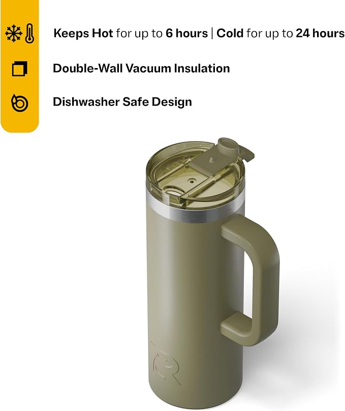 RTIC 20oz Road Trip Travel Mug with Lid and Handle, Ceramic Lined, Insulated, Stainless Steel, Metal, Double Wall Vacuum-Insulation, Portable Coffee, Tea Cup for Hot and Cold Drink, Olive - Image 2