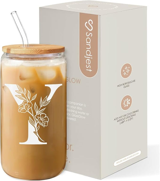 SANDJEST Monogrammed Gifts for Women - Monogram Y Initial Glass Cup 16 Oz Can Coffee Cups with Lid and Straw - Monogram Initials Gifts for Womens on Birthday