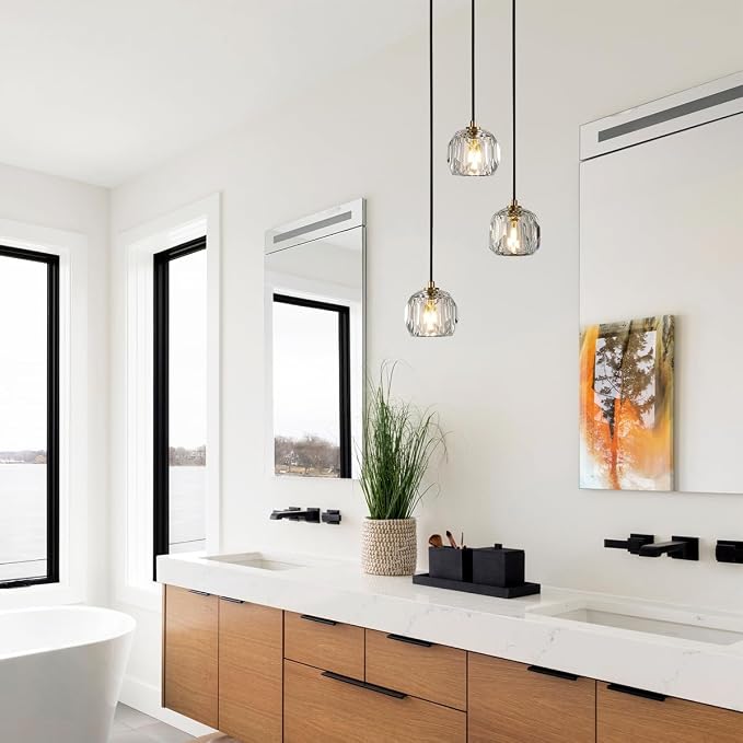 3 Light Pendant Light Fixtures, Crystal Pendant Lights Kitchen Island, Modern Hanging Lights Brushed Brass Cluster Pendant Lighting for Dining Room Bathroom - Image 4