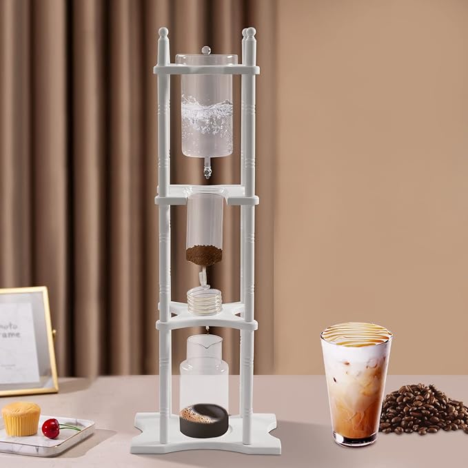 Cold Drip Coffee Maker, 2.5L Large Capacity Cold Brew Coffee Tower, Slow Drip Japanese Cold Brew Maker, with Wood Straight Frame, for Home, Coffee Shop (White)