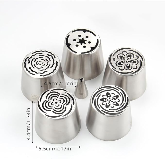 7 Pieces Stainless Steel Extra Large Russian Tulip Icing Tips Set, 5 XXL Russian Flower Piping Nozzles,1 Cleaning Brush,1 Small Leaf Tip for Cake Decorations,Flower Frosting Nozzles for Decorating