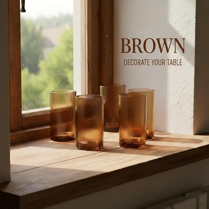 Physkoa Brown Ribbed Drinking Glasses Set of 6 – Vintage Embossed Highball Glassware, Thick Durable Tumbler Cups for Water, Juice, Cocktails, Iced Coffee, Kitchen Bar Gift Set - Image 3