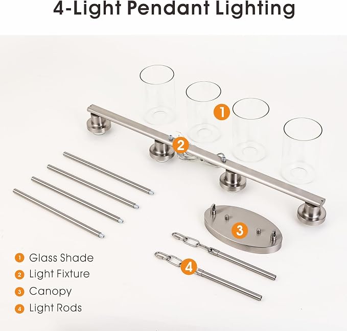 Kitchen Island Lighting, 4-Light Farmhouse Dining Room Light Fixtures Over Table, Linear Chandelier Pendant Lighting for Kitchen Island for Brushed Nickel Finish with Clear Glass Shade - Image 6