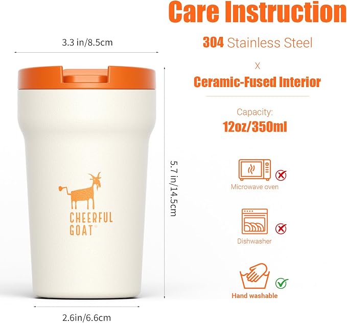 CHEERFUL GOAT Ceramic Lined Coffee Travel Mug – Stainless Steel Travel Coffee Tumbler with Ceramic Liner, with lid, 12oz Coffee Cup for Hot and Cold Water Coffee at Home, Office, or On the Go (white) - Image 2