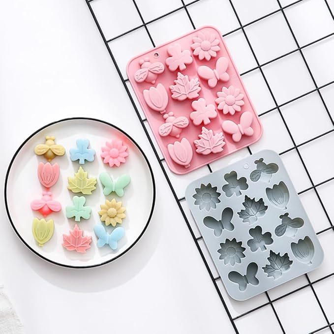 24 Cavities Unique Candy & Chocolate Silicone Mold, 6 Different Shapes, Including Leaf, Flower, Grass, Honey, Butterfly, Non-Stick, Baking Molds for Making Cake Decoration, Jelly, Ice Cubes, 2 Count