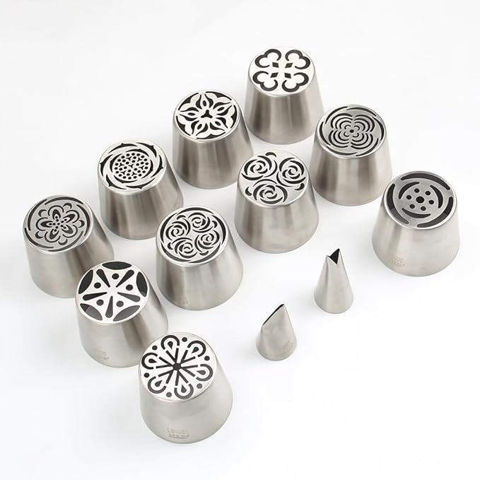 22 Pcs Stainless Steel Extra Large Russian Tulip Flower Icing Tips Set, 10 XXL Piping Nozzle,1 Big Leaf Tip,1 Petal Rose Flower Tip,10 Disposable Pastry Bags for Cake Decorations