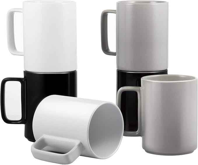 E-liu Large 15 Ounces Porcelain Coffee Mug Tea Mugs Set of 6 | Cups for Coffee, Tea, Cocoa, and Mulled Drinks , Dishwasher & Microwave Safe Gift Sets, BlacK White Grey by Creatingwarmandrefinedlifestylekitchenandhomeessentials