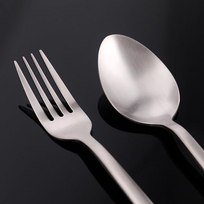 KINGSTONE 40 Piece Silverware Set, Flatware Set for 8, 18/10 Stainless Steel Cutlery Set Mirror Polished Modern Design Dishwasher Safe, Matte Silver - Image 7