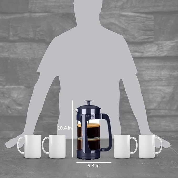 ESPRO P3 French Press Coffee Maker – Patented Double Micro-Filter for Grit-Free Brew, Heat Resistant thicker Borosilicate Glass Coffee press – Blue (32 oz)
