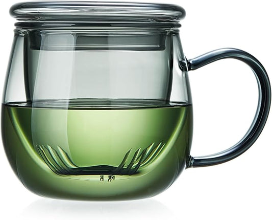 Glass Tea Cup with Infuser and Lid, 32oz/950ml Large Borosilicate Teacup, Clear Mug for Loose Leaf, Blooming Tea, Dishwasher Safe - Tea Maker Gift for Birthday