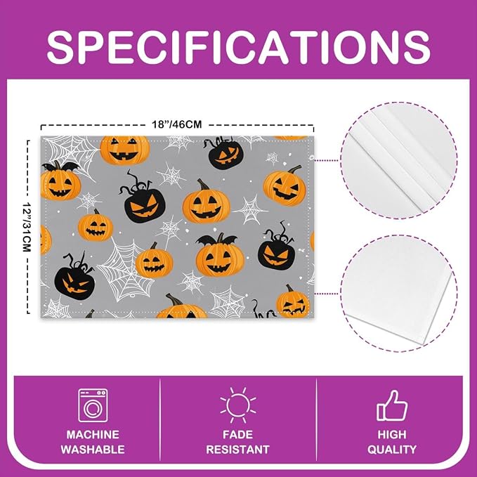 Feelyou Happy Halloween Placemats Set of 4 Pumpkin Lantern Table Mats Gray Orange Black Place Mat for Kitchen Dining Table Party Decor Indoor Outdoor 18"x12" Non-Slip Easy to Clean Spider Web - Image 4