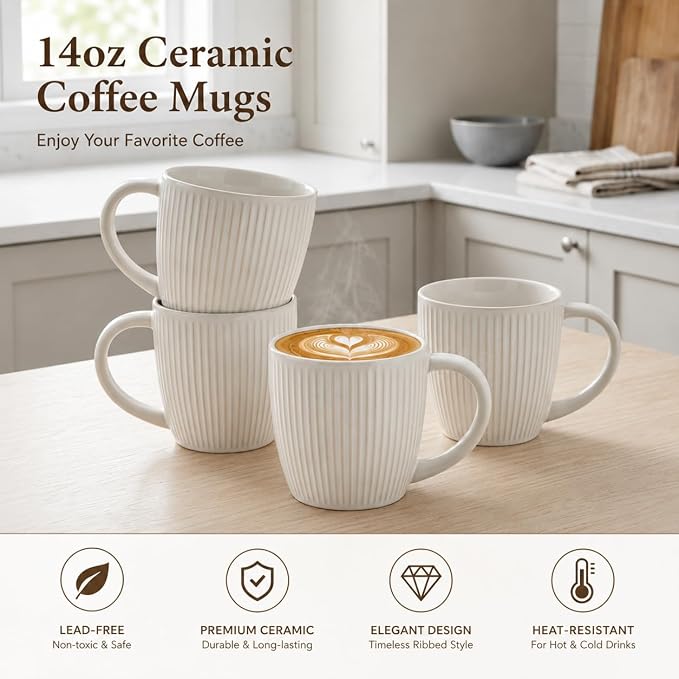 Ceramic Coffee Mug Set of 4,14 oz Vertical Striped Texture Tea Cups | White Porcelain Mugs with Handle for Latte, Cappuccino, Milk, Microwave & Dishwasher Safe, Wedding & Housewarming Gift - Image 3