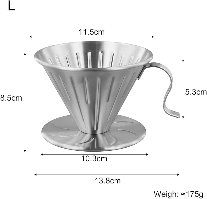 304 Stainless Steel Coffee Dripper with Holder, Reusable Pour Over Filter Cone for Mugs and Jugs, Food Grade Coffee Strainer Cup with Ergonomic Handle, Silver