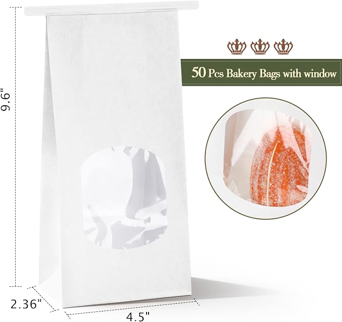 Tenare 50 Pieces White Bakery Bags with Window Kraft Paper Bags Christmas Tin Tie Tab Lock and 60 Pieces Adorable Handmade Label Seal Stickers Window for Xmas Coffee Cookie Treat, 4.5 x 2.56 x 9.6" - Image 2