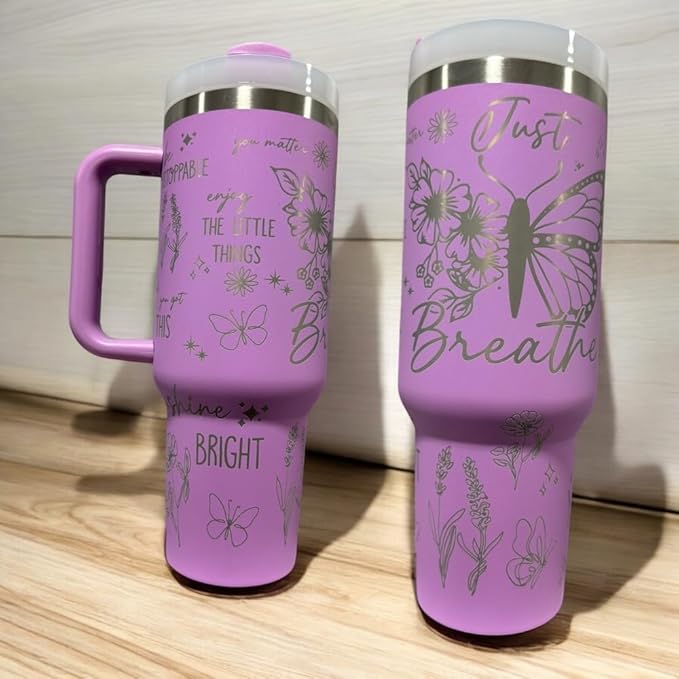 Tumbler, 40oz Tumbler, Western Tumbler, Engraved Cup with Handle, Cute Coffee Mug, 40oz Coffee Mug (Purple(5)-Just breath(C11))