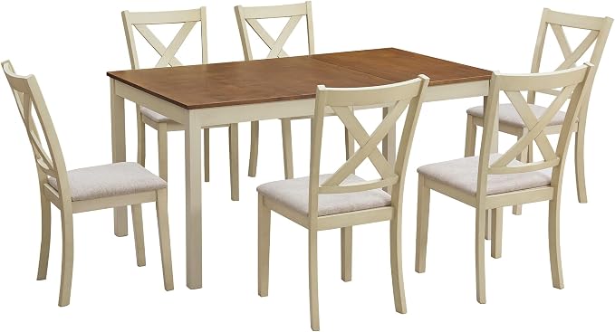 AMERLIFE 7-Piece Farmhouse Solid Wood Dining Table Set for 6, Rustic Cream | 60" Solid Wood Table, 6 Upholstered Chairs, Space-Saving Design, Rustic Dining Set, Dining Room and Kitchen Use - Image 9