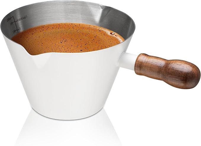 Amrules Espresso Cup, 6.8 oz/200 ml Stainless Steel Coffee Shot Measuring Cup with Wood Handle, Double V-Shaped Mouth and Clear Scale for Cappuccino Barista Coffee Bar Accessories, White by Amrules