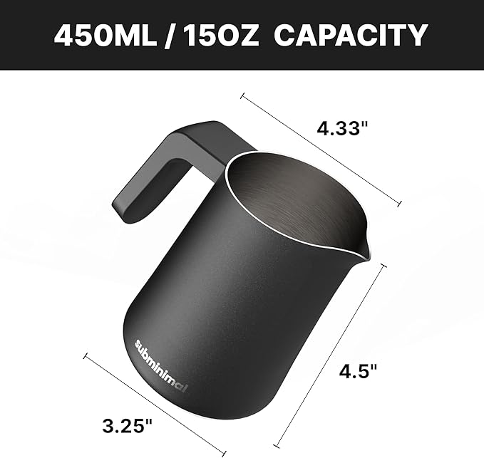 Subminimal FlowTip Milk Jug - Stovetop Milk Frothing, Foaming Pitcher for Barista-Style Coffee - Cappuccino & Latte Art Pouring Jug with Heat Resistant Handle - Coffee Lover Gifts - 450ml, Black