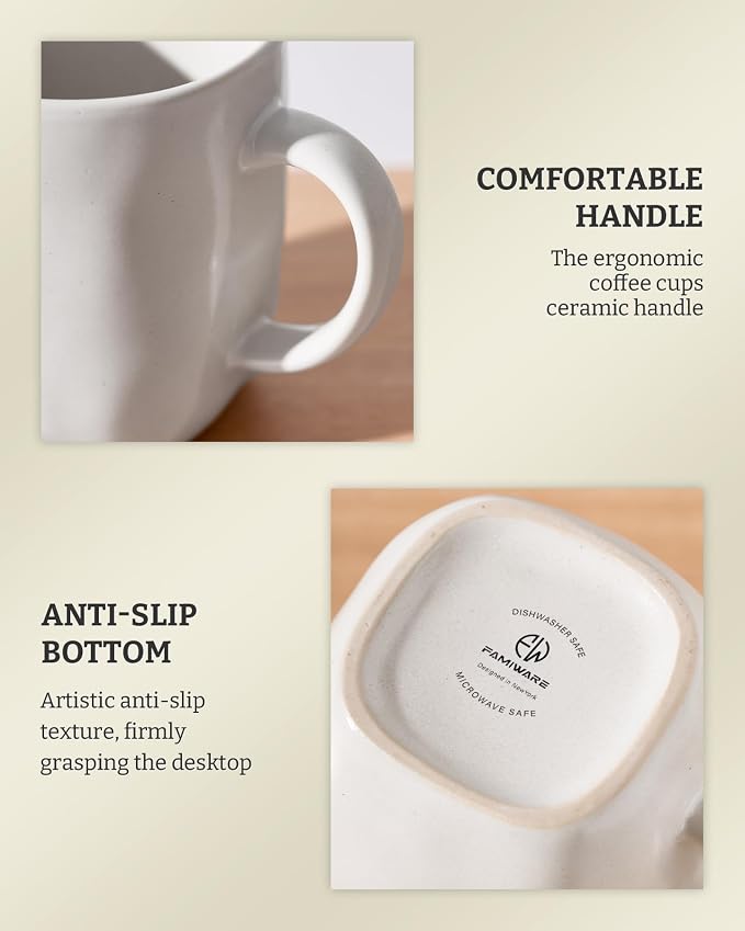 famiware Coffee Mugs Set of 4, Ocean Square 13oz Coffee Cup Set with Handle for Cocoa, Milk, Hot Chocolate, Tea, Water, Stoneware Cups for Kitchen, Microwave and Dishwasher Safe, Matte White - Image 7