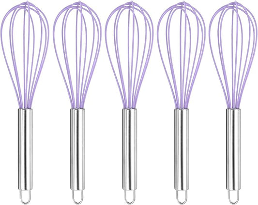 HARFINGTON 5Pcs Silicone Whisk 10" Kitchen Whisk Wire Whisks Beater with Stainless Steel Handle for Egg Milk Whisking Blending Beating & Stirring, Purple