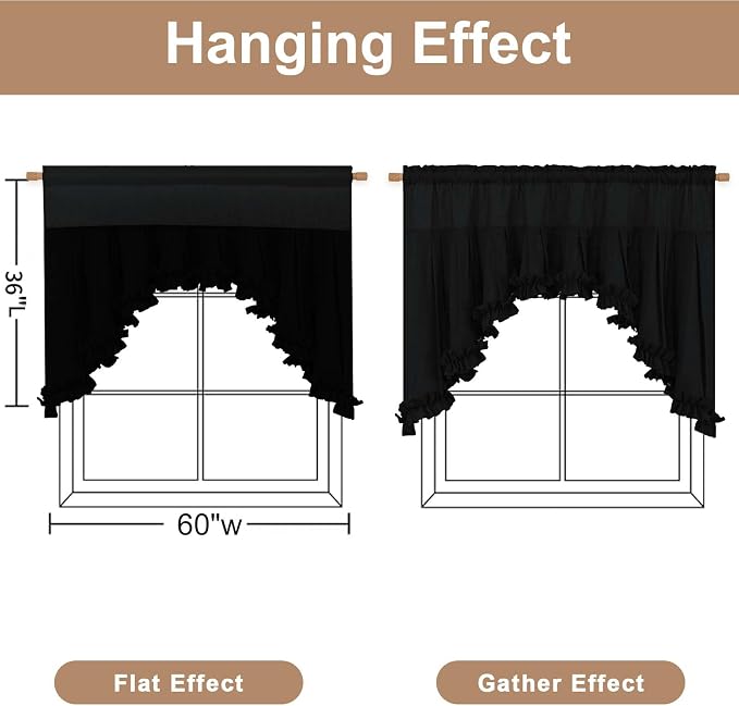 Likiyol Linen Swag Valances for Windows Farmhouse Ruffle Valance Rustic Country Window Valances Light Filtering Kitchen Curtains Rod Pocket Valance Curtains for Bathroom Cafe, Black, 60" W x 36" L - Image 3