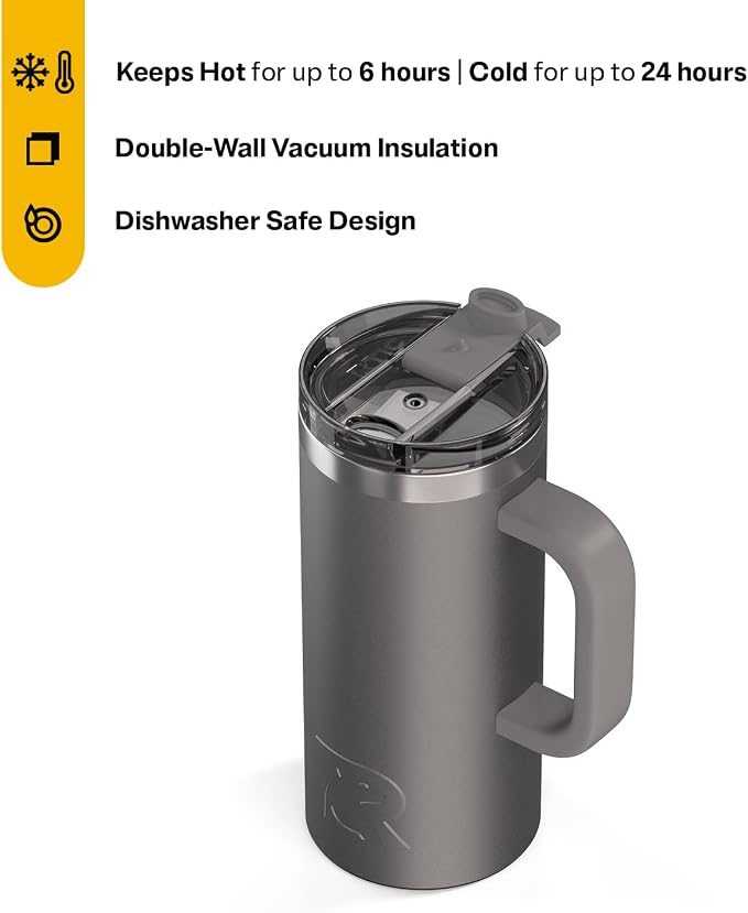 RTIC 16oz Road Trip Travel Mug with Lid and Handle, Ceramic Lined, Graphite | Stainless Steel Metal, Insulated Travel Cup for Hot and Cold Drinks, Coffee, Car, Camping and Travel - Image 2