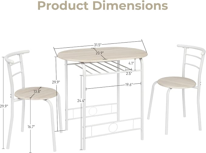 VINGLI 3 Piece Dining Set,Small Kitchen Table Set for 2,Breakfast Table Set,Kitchen Wooden Table and 2 Chairs for Small Space/Dining Room/Apartment,Metal Frame,Wine Rack,White&Light Oak - Image 2