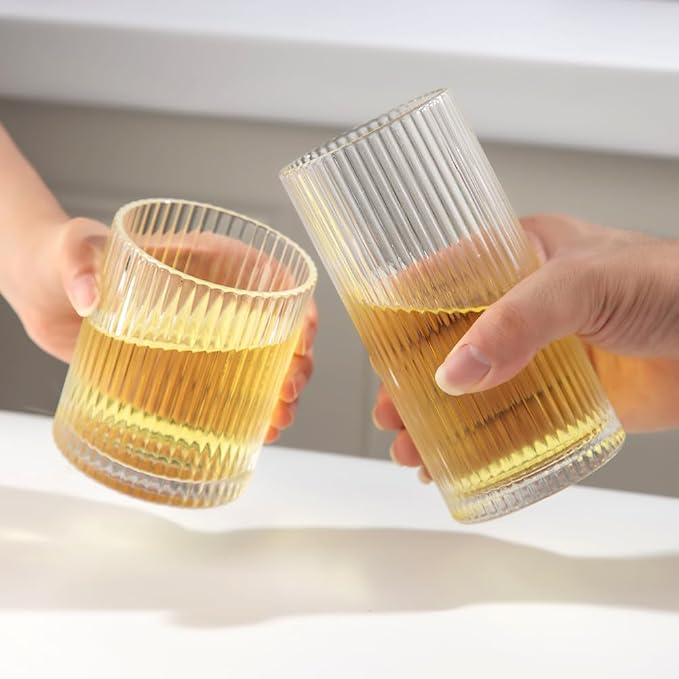 Ribbed Drinking Glasses 4pcs, 12oz and 10oz Glassware, Tumbler Glasses Cup Set for Wedding, Party, Christmas Gift, Clear - Image 5