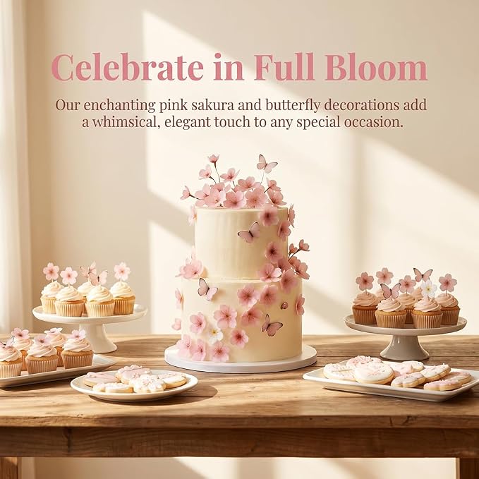 85Pcs Pink Cherry Blossom Flowers & Butterflies Cake Decorations Set – Cupcake Toppers, Birthday Decor – Edible Rice Wafer DIY Dessert for Baby Shower, Wedding (Pink Cherry Blossom butterfly) - Image 4