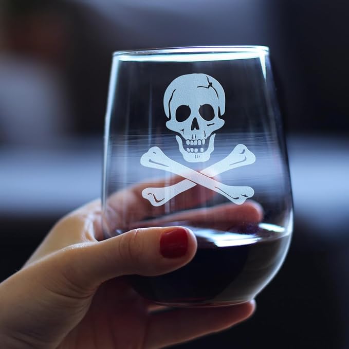 Bevvee Skull and Crossbones Stemless Wine Glass - Skull Decor and Jolly Roger Flag Gifts - Large 17 Oz Glasses - Image 3