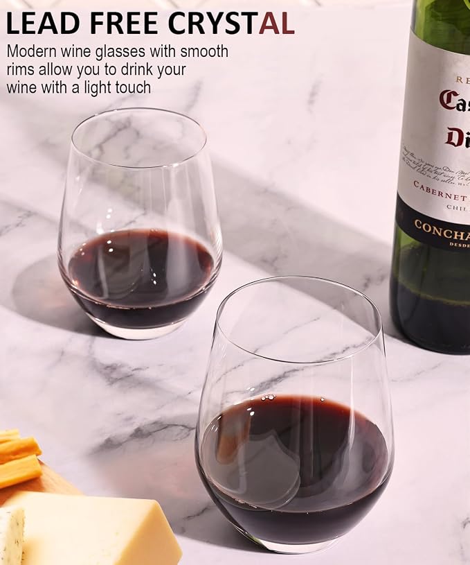 OJA Wine Glasses Set, Crystal Stemless Red Wine Glass, Set of 6, 15 oz | No Stem, Clear, Sturdy Drinking Glass for White Wine, Daily Use, Birthday, Wedding, Home Party, Anniversary, Shower Gift - Image 3