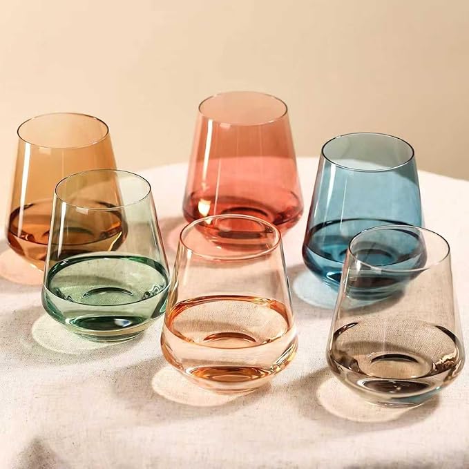 comfit Colored Stemless Wine Glasses Set of 6-17 oz Hand-Blown Crystal Colored Glassware with no Stem, Multicolor Glassware for Lovers, Wedding, Birthday, Mother's Day Housewarming Gifts for Women by COMFIT