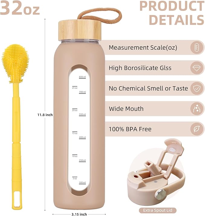 32 oz Glass Water Bottle with 2 Lids-Handle Straw Lid & Bamboo Lid,1 Liter Motivataional Tumbler Water Bottle Time Marker, Borosilicate Glass Water Bottles With Silicone Sleeve, Leakproof